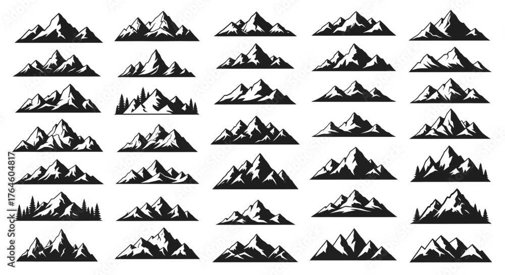 Naklejka premium Collection of Mountain Silhouettes Explore Diverse Peaks for Design and Illustration Projects