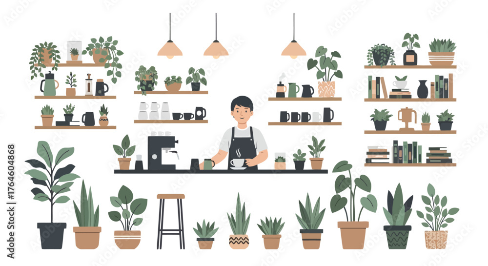 Naklejka premium Illustration of a cozy cafe interior with a barista at the counter, surrounded by a lush urban jungle of indoor plants