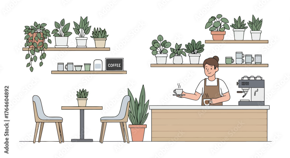 Fototapeta premium Coffee Shop Interior with Plants A Cozy Cafe Scene with a Barista and Floral Accents