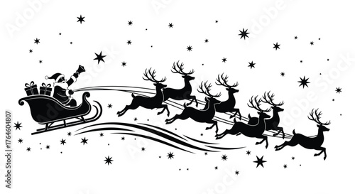A black and white silhouette of a traditional Christmas sleigh with reindeer flying across a starry, snowy winter night sky