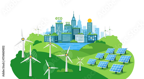 Vibrant illustration of an eco-friendly smart city powered by sustainable wind turbines and solar panels, showcasing a future of clean, green urban living