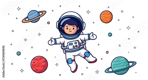 Astronaut Exploring the Cosmos A Cartoon Illustration of Space and Planets