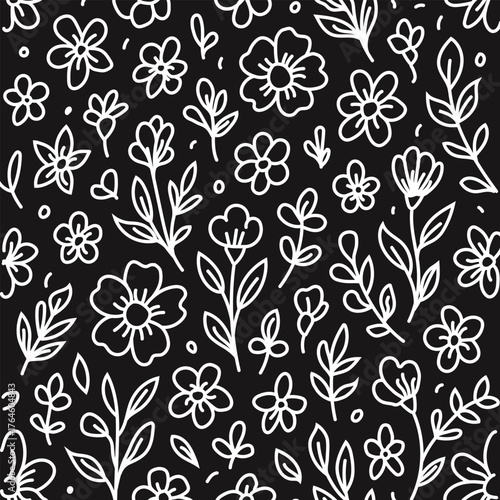 White Floral Doodle Seamless Pattern Vector Illustration on Black Background