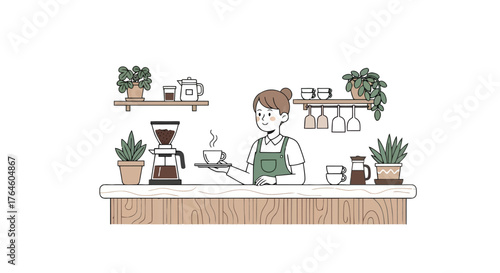 Barista serving coffee with plants, creating a welcoming cafe atmosphere with a warm cup