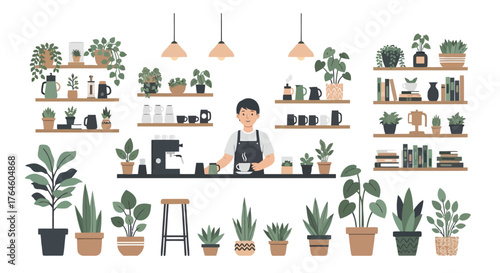 Illustration of a cozy cafe interior with a barista at the counter, surrounded by a lush urban jungle of indoor plants