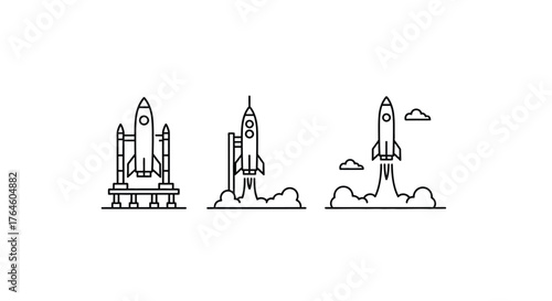 Three distinct rocket launch silhouettes symbolizing space exploration and technological advancement vector