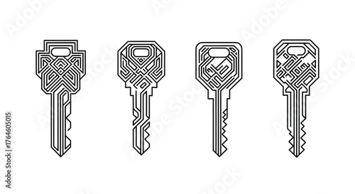Four realistic metal house keys with intricate bitting patterns displayed side by side vector