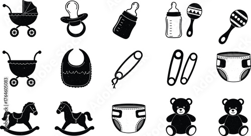 Baby care icons, black and white illustrations, pacifier, bottle, diaper, stroller, teddy bear, rocking horse, safety pin, rattle, bib