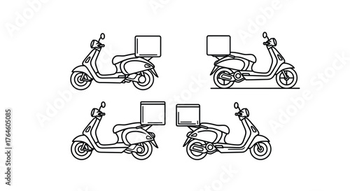 Four scooters with delivery boxes showing different angles of urban transportation and logistics vector