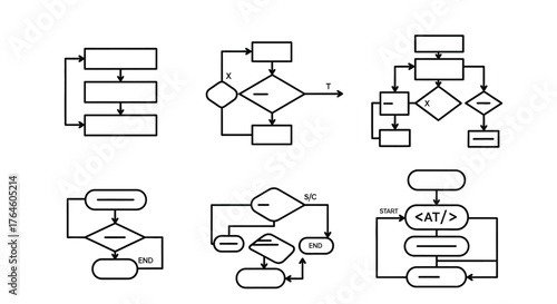 Collection of flowchart diagrams showing processes and decisions in business and technology vector
