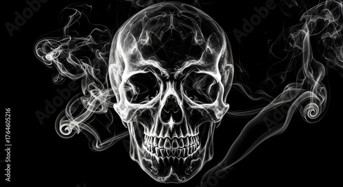 Smoke skull illustration on a black background with ethereal wisps  