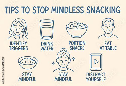 Infographic tips to stop mindless snacking and build healthy mindful eating habits
