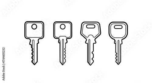 Four different types of traditional metal keys shown in a row for security and access concepts vector
