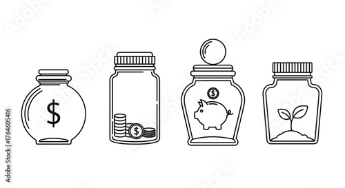 Four glass jars representing savings growth investment finance and new business concepts vector