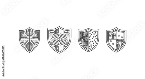 Four ornate heraldic shields featuring intricate geometric and symbolic designs in a row vector