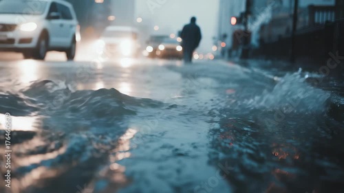 Wallpaper Mural Floodwater covers the street as a solitary figure moves through the rainy city, illuminated by distant car lights. The scene captures resilience and the impact of extreme weather in urban environments Torontodigital.ca