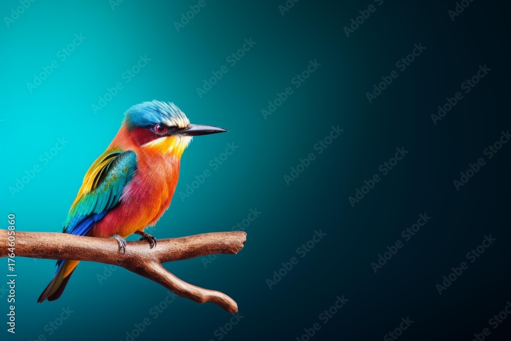 Fototapeta premium Small colorful bird perched on a branch with a vibrant turquoise background