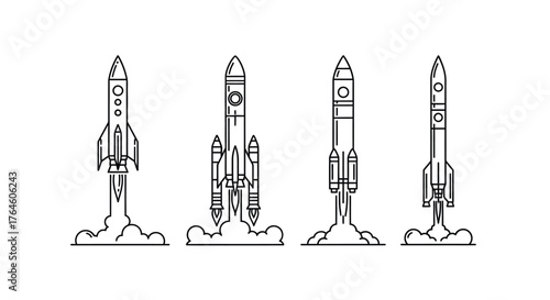 Line art rocket ships launching into space with smoke trails and flames ascending vector