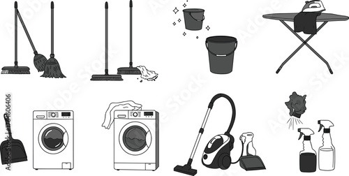 Cleaning tools, household equipment, broom, mop, vacuum cleaner, washing machine, dustpan, spray bottles, bucket, duster, ironing board, hygiene, sanitation, domestic chores