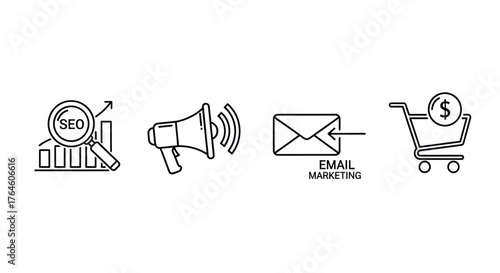 Hand drawn icons representing seo email marketing online shopping and promotion strategies vector