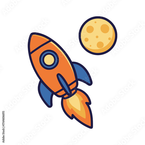 Cartoon Rocket Launching Towards a Yellow Moon with Craters in Space.