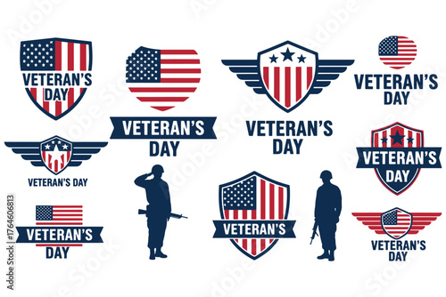 Veterans day emblem collection a variety of patriotic badges and symbols honoring military service, isolated on white background
