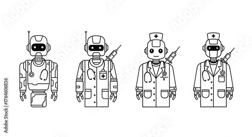 Four robots in medical attire holding stethoscopes and medical instruments representing futuristic healthcare innovation vector