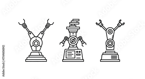 Set of three industrial robotic arms with grippers for automation manufacturing and technology concepts vector
