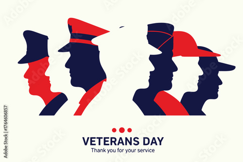 Veterans day tribute with diverse military silhouettes in red, white, and blue, expressing gratitude for service and sacrifice isolated on white background