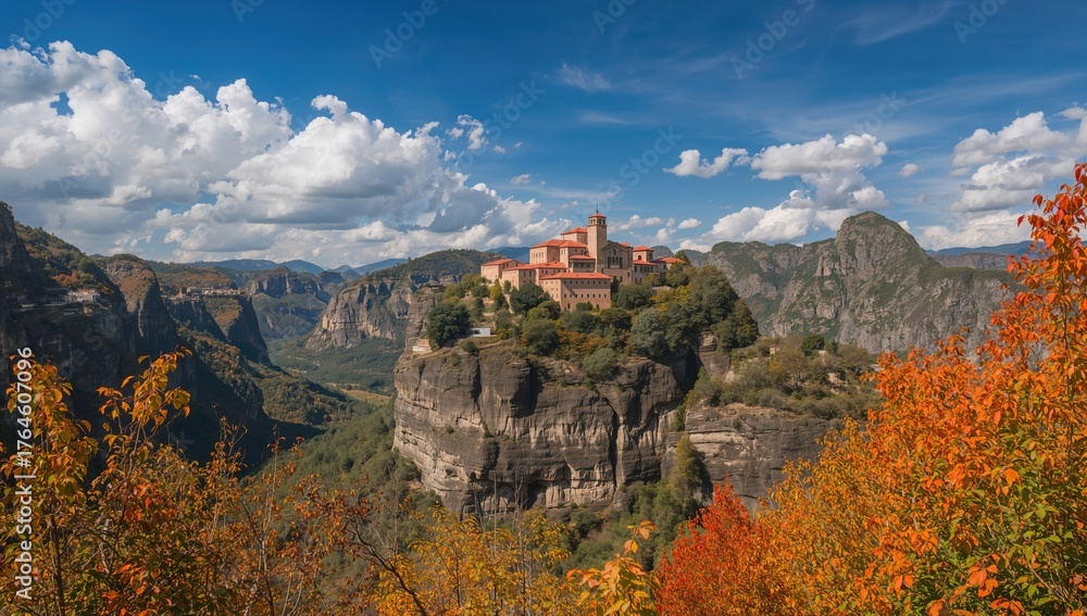 Naklejka premium Stunning fall scenery featuring ancient monasteries perched atop towering rock formations