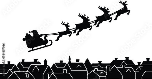 Vector Santa Claus reindeer sleigh flying above town silhouette illustration