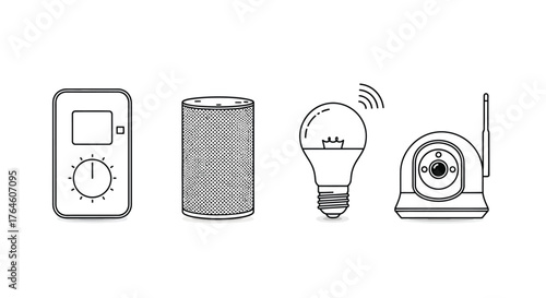 Collection of smart home devices including control panel light bulb camera and sensor icons vector