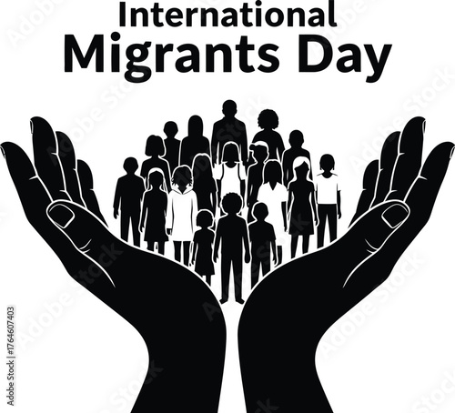 International migrants day illustration with a crowd of people held in cupped hands as a symbol of support