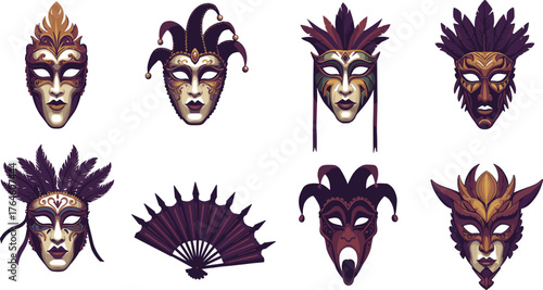 Fantasy masquerade masks, tribal costume accessories, jester mask collection, decorative fan, theatrical props, carnival headpieces, ornate designs, cultural art