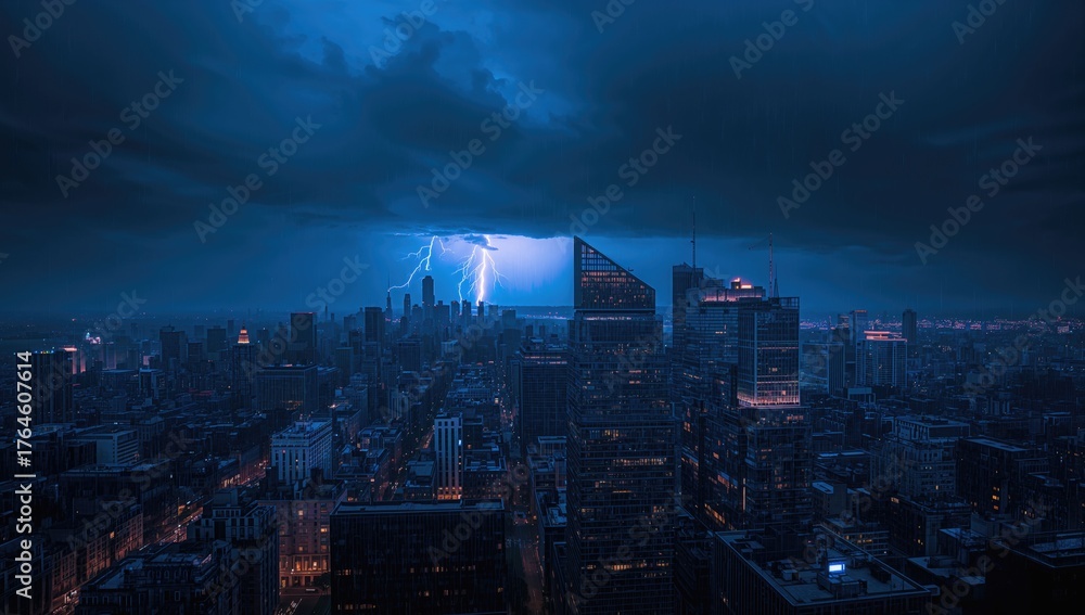 Fototapeta premium Electric storm illuminates urban skyline with blue hues. Rain pours and cold wind blows. Severe weather conditions prevail. Thunder and lightning strike.