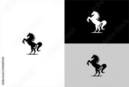 Rearing horse shown in different colorways black on white, white on black
