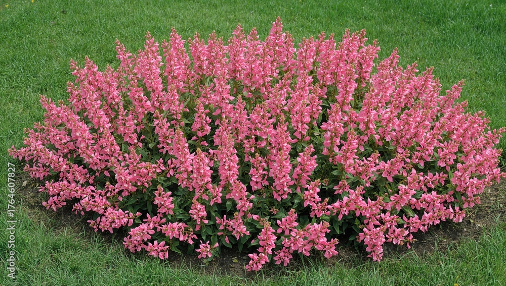 Obraz premium Balsam plants with pink blossoms in a garden flowerbed