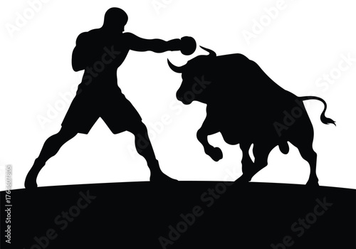 A strong boxer punching a bull in a powerful fighting stance silhouette.
