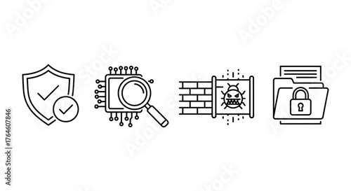 Cyber security icons representing protection data analysis firewalls and secure storage solutions vector