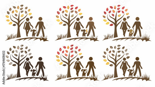 Stylized family walks dog in autumn park with colorful leaves, perfect for seasonal greetings and heartwarming designs, showcasing family values