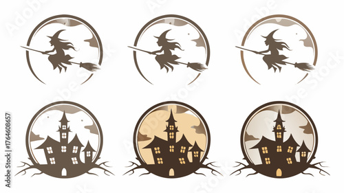 Spooky Halloween icons featuring a witch flying on broom and a haunted house, perfect for holiday designs and festive projects, originally a scalable graphic