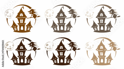 Enchanting Halloween night with a whimsical witch flying past a haunted house under a full moon, spooky vector design for seasonal greetings