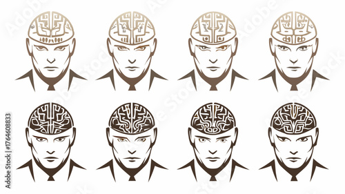 Intelligent leadership concept with focused faces, brain power, and mental strength, showcasing strategic thinking and innovative ideas for business success