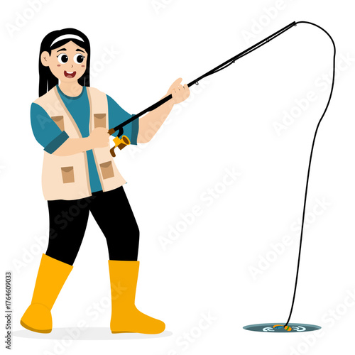 Fishing vector illustration. Fisherwomen and fish. Concept illustration of a person fishing. Fishing hobby activity. People fishing in a pond, lake, or river