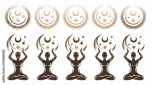 Mystical yoga silhouette with moon and stars, spiritual zen energy meditation, soulful wellness design, cosmic balance, feminine celestial power, calm graphic