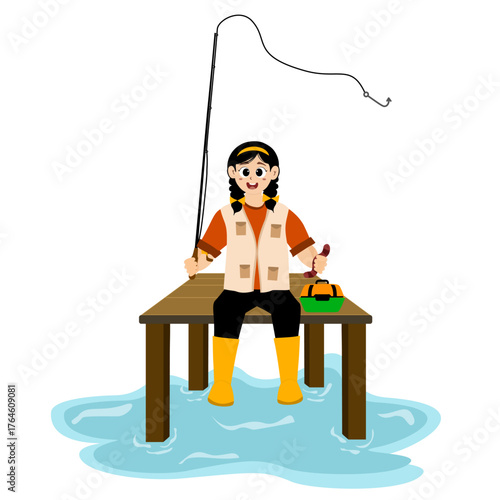 Fishing vector illustration. Fisherwomen and fish. Concept illustration of a person fishing. Fishing hobby activity. People fishing in a pond, lake, or river