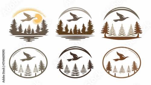 Elegant flying duck emblems for nature conservation, stunning wildlife logos, perfect for outdoor brands, camping, and eco-friendly companies with a rustic charm