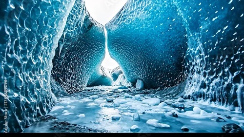 Stunning Ice Cave Interior with Flowing Water and Textured Blue Ice Walls