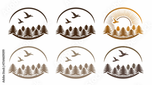 Rustic pine forest and soaring birds logo set, perfect for nature brands, outdoor apparel, or eco-friendly businesses seeking a timeless and memorable design.