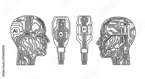 Abstract robotic human heads with circuitry designs facing opposite directions and two frontal views vector